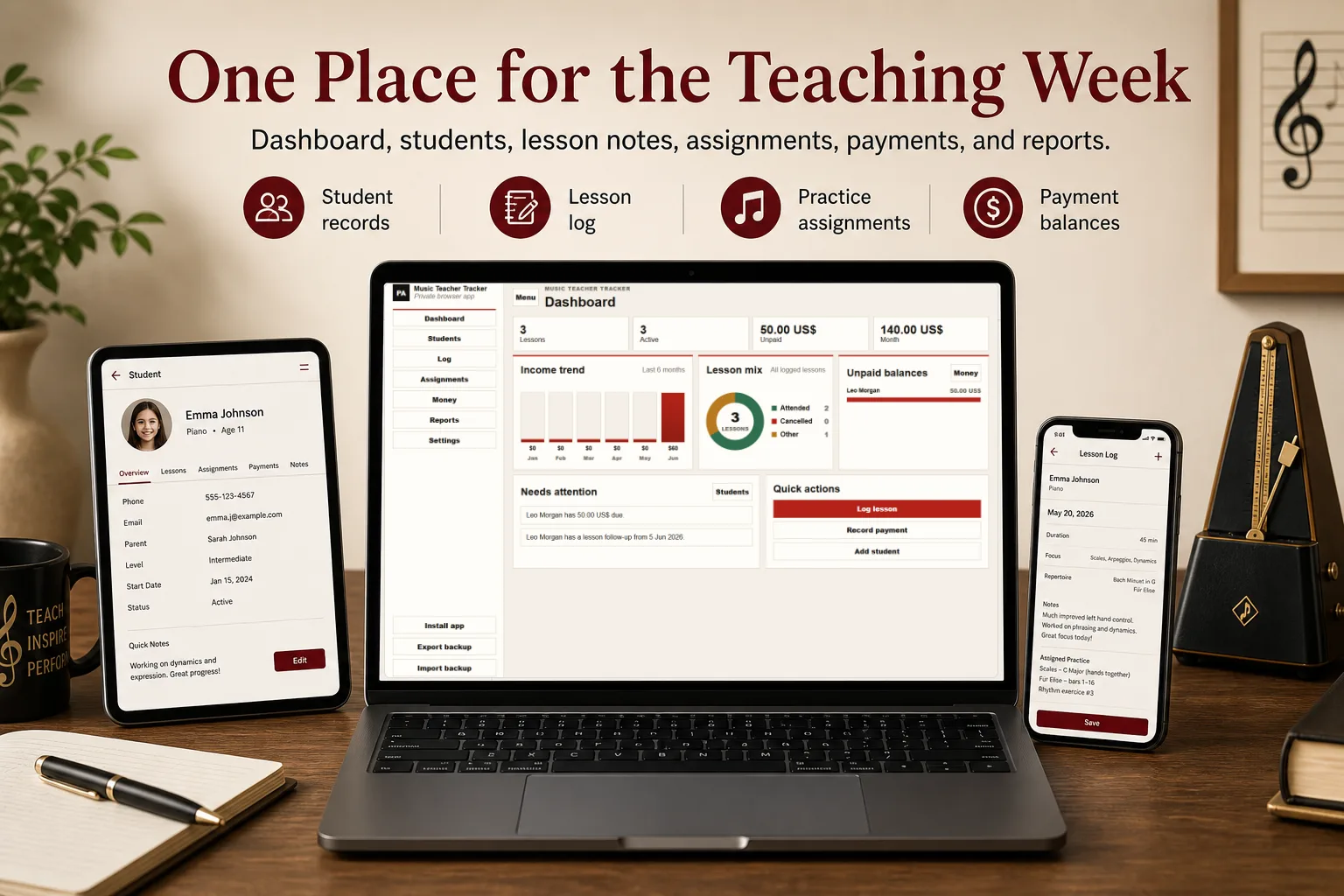 Private Music Teacher Lesson & Billing Tracker App screen 1