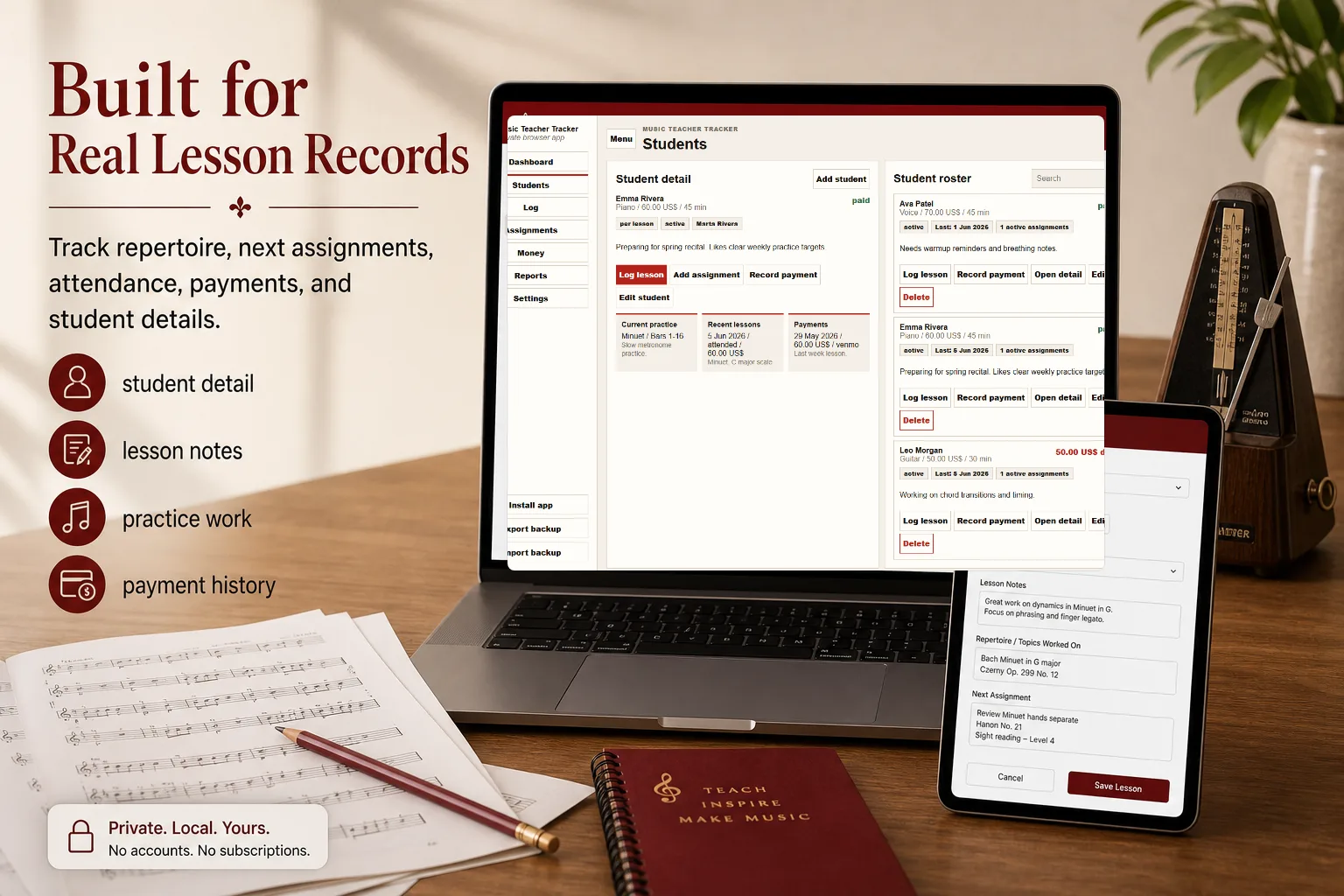 Private Music Teacher Lesson & Billing Tracker App screen 3
